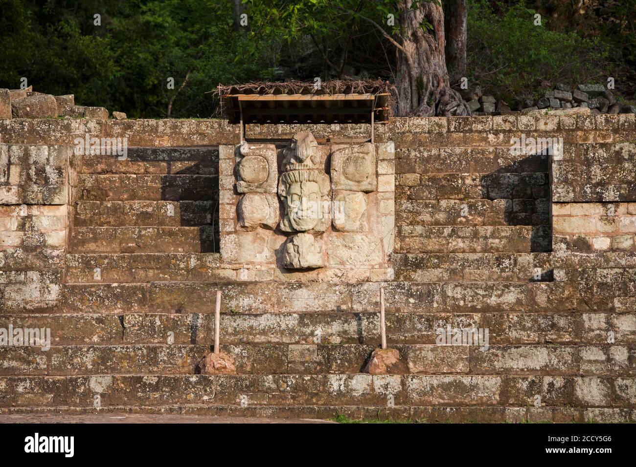 Scultura del Dio sole Jaguar, Corte Est dell'Acropoli, Parco Archeologico Copan, Honduras Foto Stock