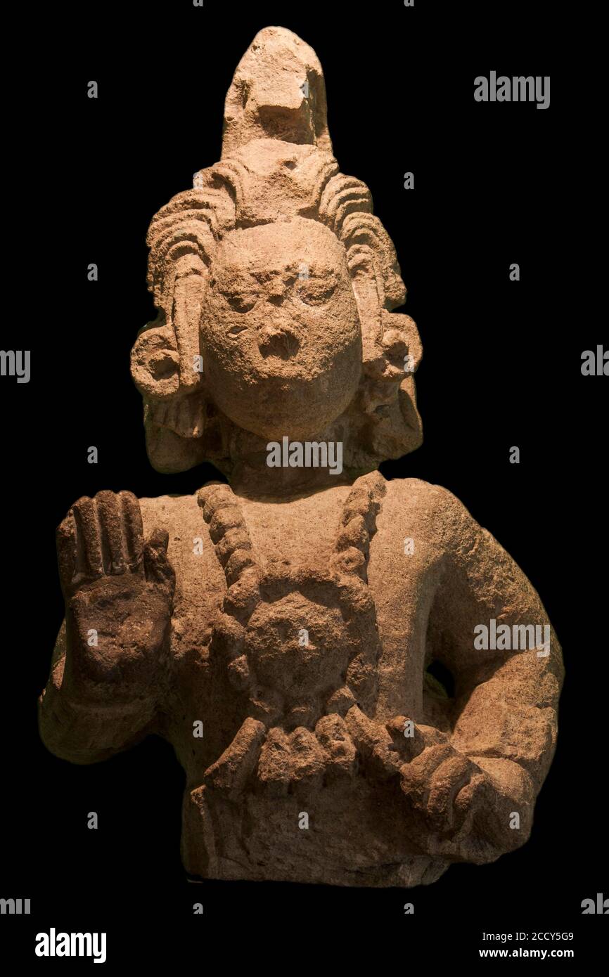 Scultura del Dio del mais dalla facciata del Tempio 22, Museo Archeologico, Copan Ruinas, Honduras Foto Stock