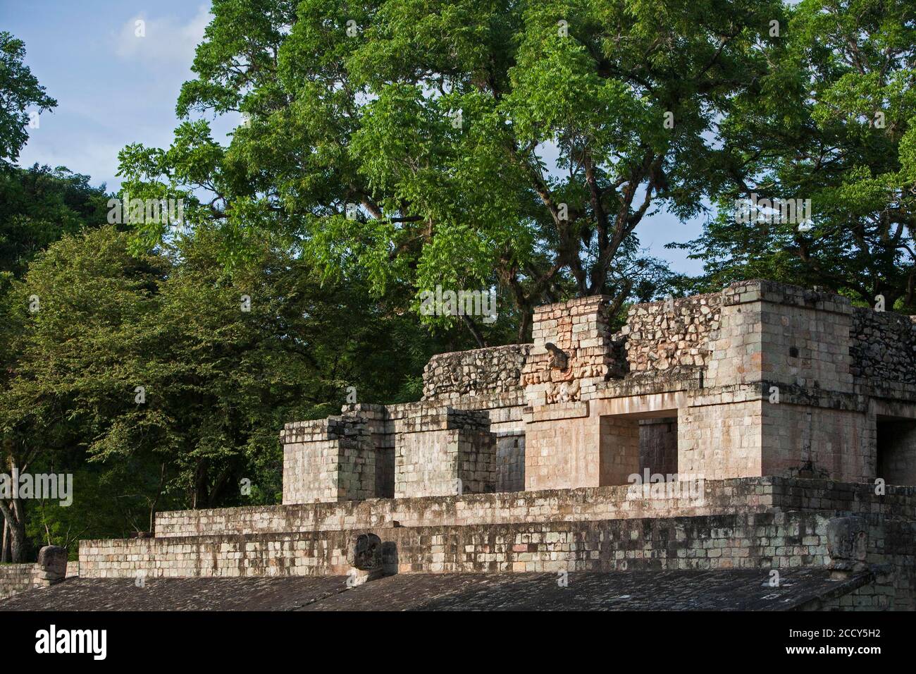 Una delle strutture del campo da ballo presso la Grande Plaza, Copan Archaeological Park, Honduras Foto Stock