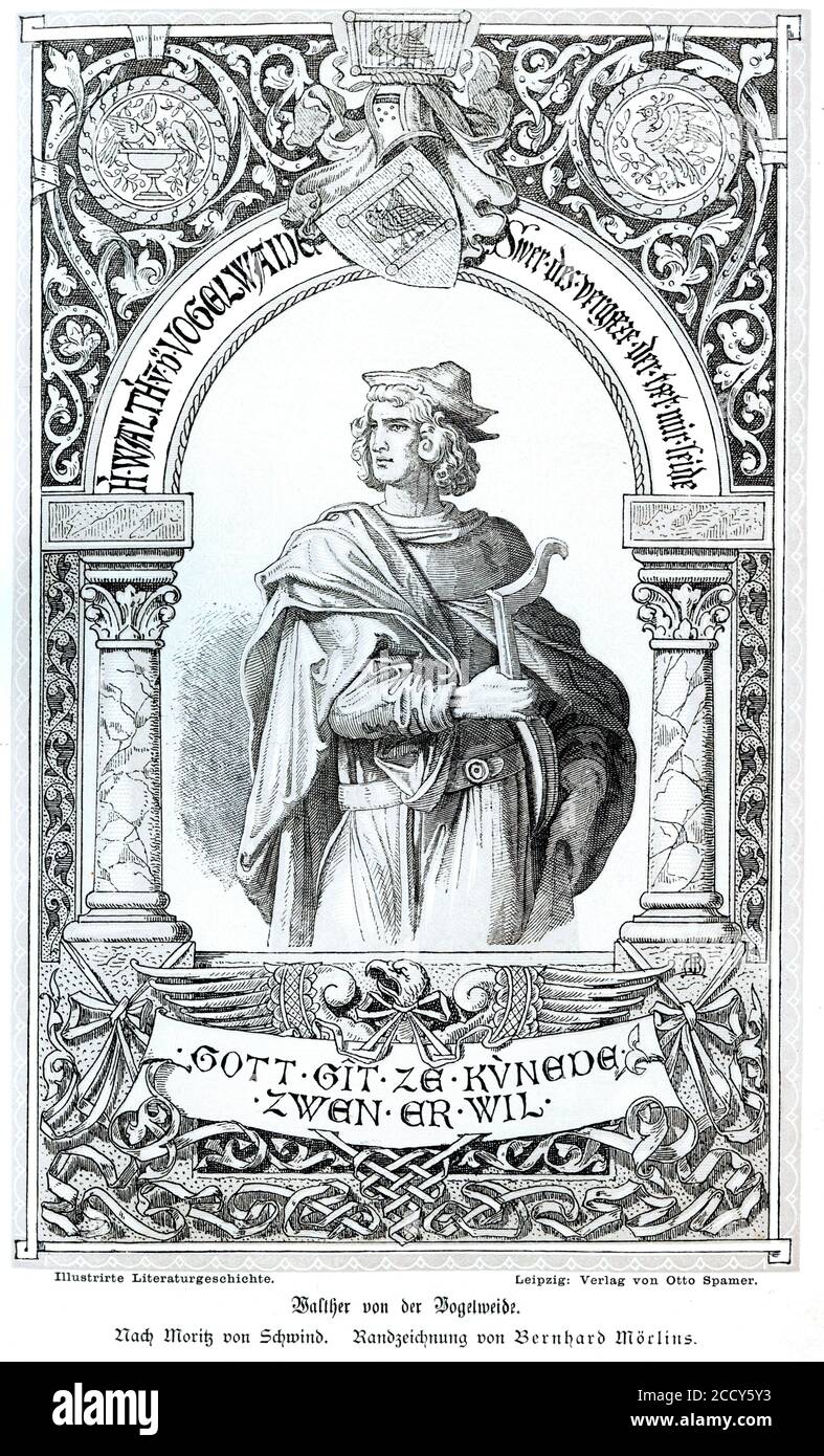 Walther von der Vogelweide, dopo Moritz von Schwind, disegno a mano di Bernhard Moerlins, illustrazione storica di otto von Leixner Foto Stock