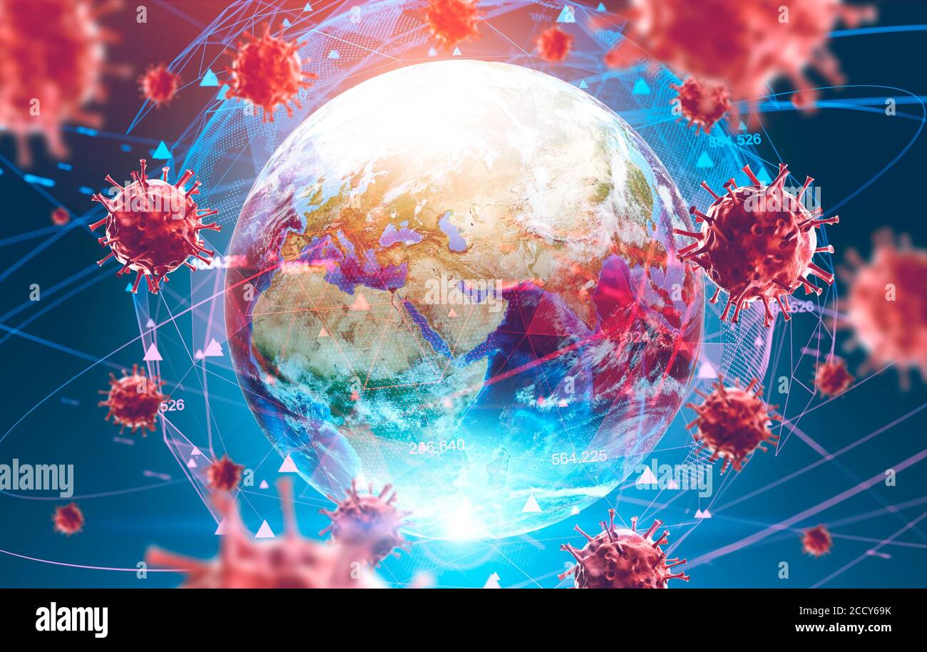 Influenza asiatica ncov coronavirus sulla Terra sfondo e il suo blurry ologramma. Concetto di cura di ricerca e diffusione della malattia. rendering 3d immagine a toni. Foto Stock