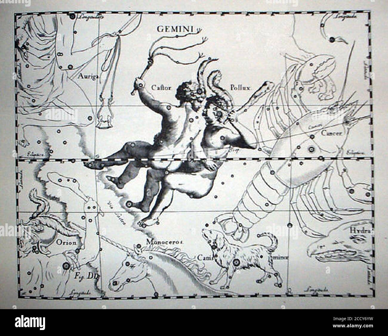Johannes Hevelius - Prodromus Astronomia - Volume III ‘Firmamentum Sobiescianum sive uranographia‘ - Tavola DD - Gemini. Foto Stock