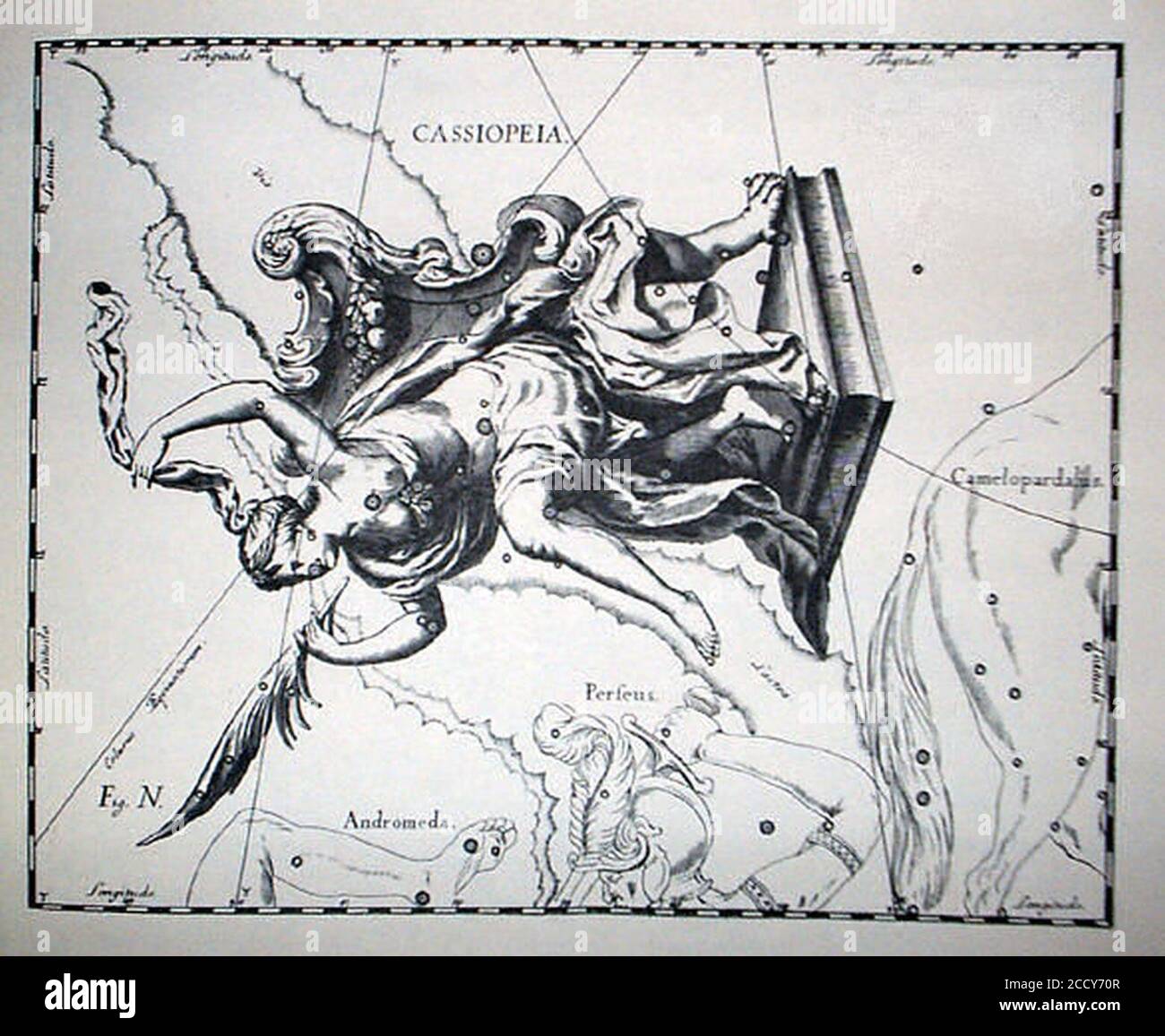 Johannes Hevelius - Prodromus Astronomia - Volume III ‘Firmamentum Sobiescianum sive uranographia‘ - Tavola N - Cassiopeia. Foto Stock