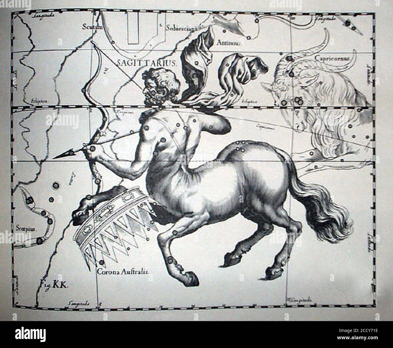 Johannes Hevelius - Prodromus Astronomia - Volume III ‘Firmamentum Sobiescianum sive uranographia‘ - Tavola KK - Sagittario. Foto Stock