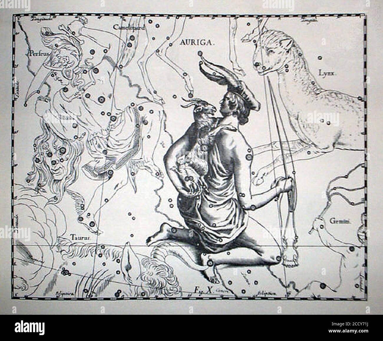 Johannes Hevelius - Prodromus Astronomia - Volume III ‘Firmamentum Sobiescianum sive uranographia‘ - Tavola X - Auriga. Foto Stock