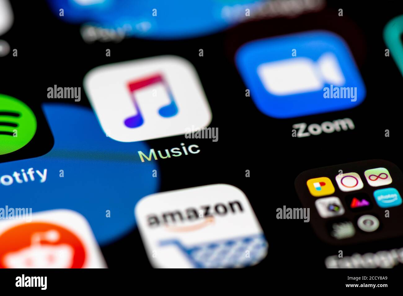 Apple Music, icone delle app su un telefono cellulare Display, iPhone, smartphone, primo piano, schermo intero Foto Stock