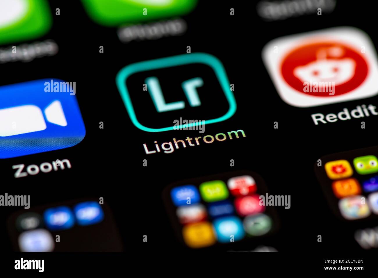 Lightroom, icone delle applicazioni su un telefono cellulare Display, iPhone, smartphone, primo piano, riempimento del formato Foto Stock