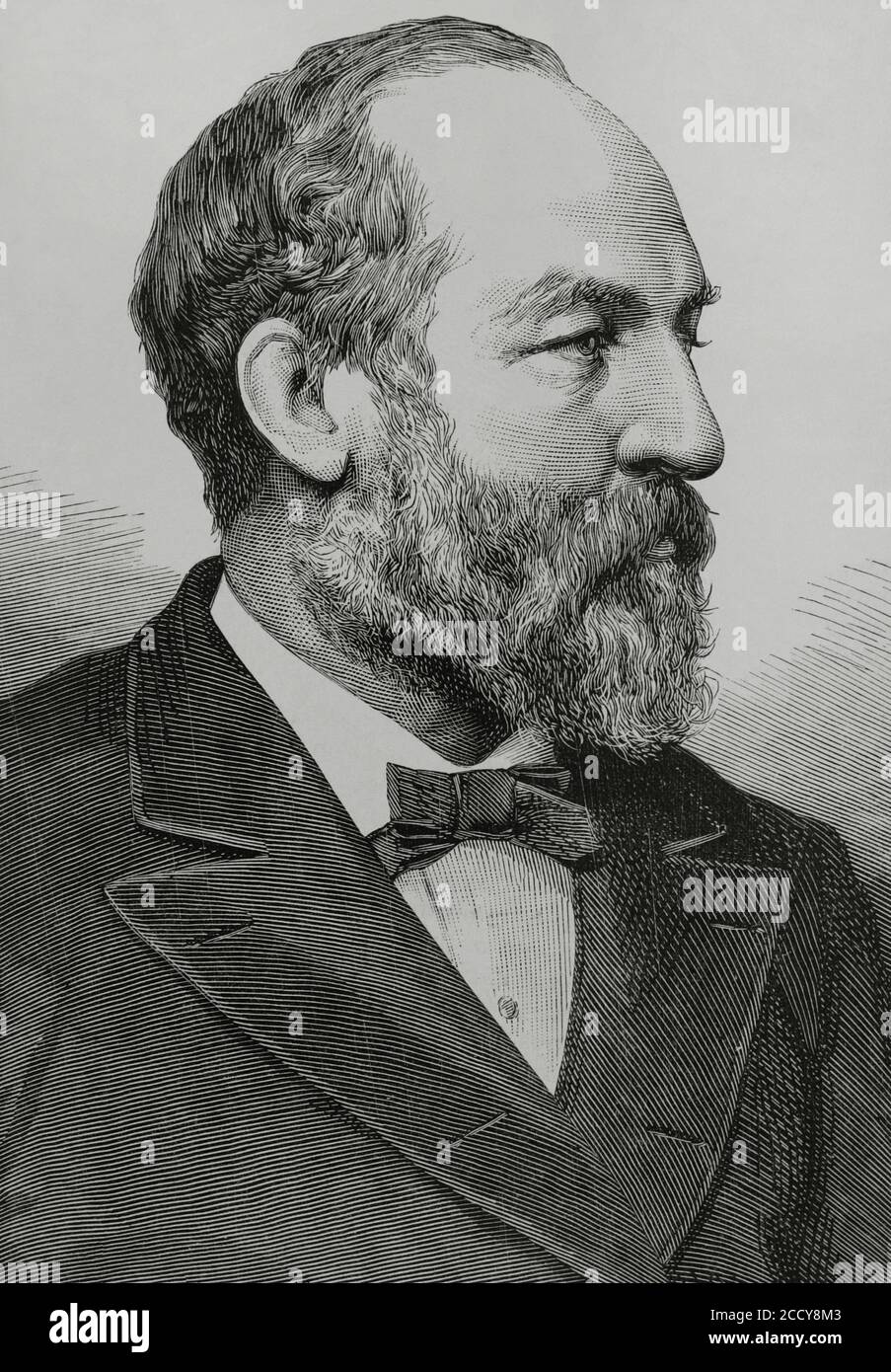 James Abram Garfield (1831-1881) ventesimo presidente degli Stati Uniti. Membro del Partito Repubblicano. Verticale. Illustrazione di Badillo. Incisione di Arturo Carretero (1852-1903). La Ilustracion Española y americana, 1881. Foto Stock