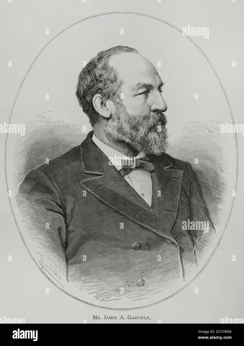 James Abram Garfield (1831-1881) ventesimo presidente degli Stati Uniti. Membro del Partito Repubblicano. Verticale. Illustrazione di Badillo. Incisione di Arturo Carretero (1852-1903). La Ilustracion Española y americana, 1881. Foto Stock