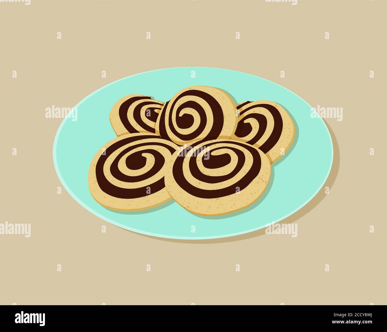 biscotto a spirale con crema di cioccolato in un azzurro piastra su sfondo marrone chiaro Illustrazione Vettoriale