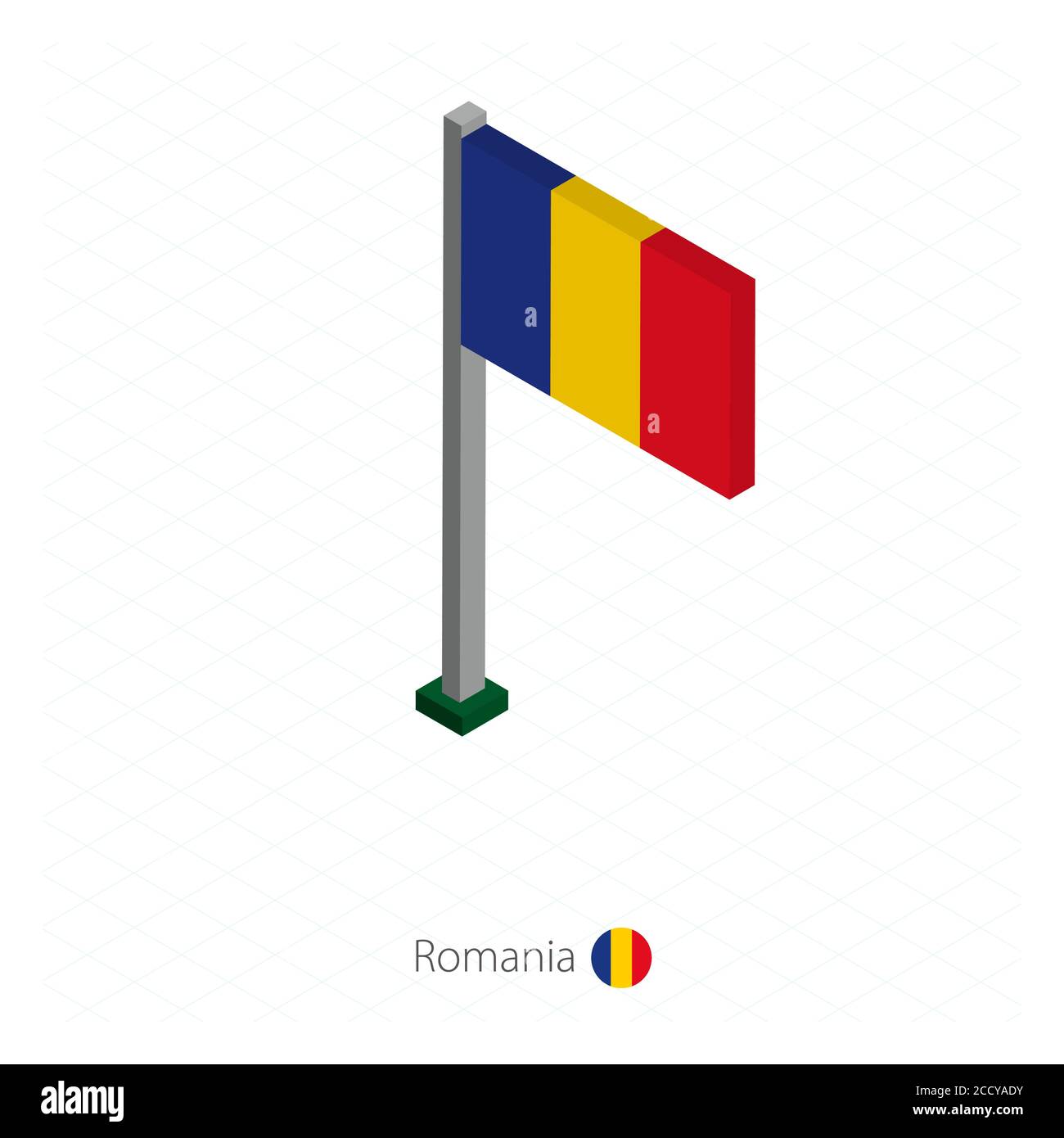 Romania Bandiera sul flagpole in dimensione isometrica. Sfondo blu isometrico. Illustrazione vettoriale. Illustrazione Vettoriale