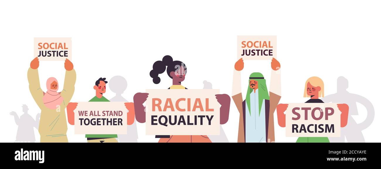 mix attivisti di razza tenendo fermo razzismo manifesti di uguaglianza razziale sociale concetto di giustizia stop discriminazione rappresentazione vettoriale verticale orizzontale Illustrazione Vettoriale