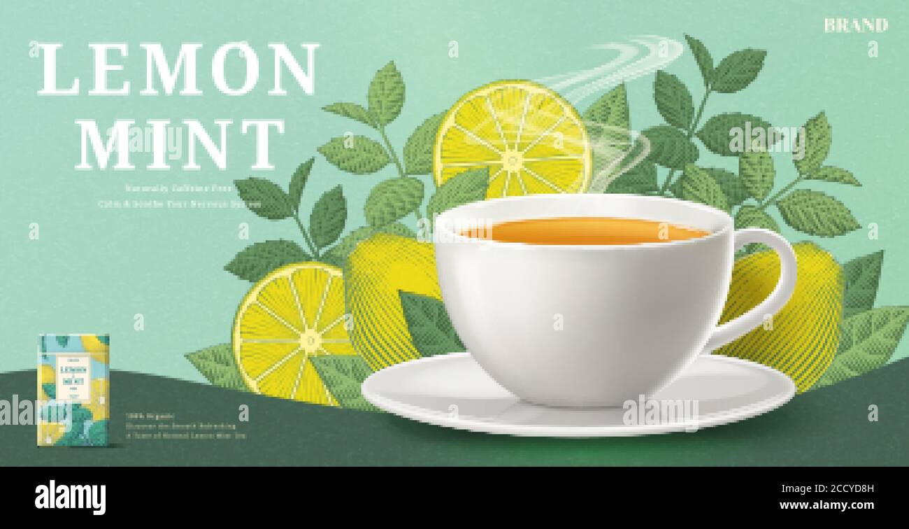 Annunci banner tè alla menta al limone con ingredienti di incisione sfondo, illustrazione 3d tazza da tè e confezione Illustrazione Vettoriale