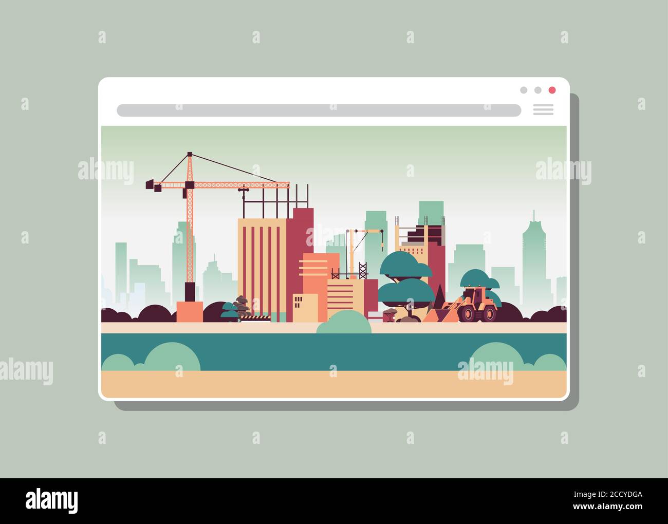 sito di costruzione con gru in web browser finestra digitale edificio illustrazione vettoriale orizzontale concettuale Illustrazione Vettoriale