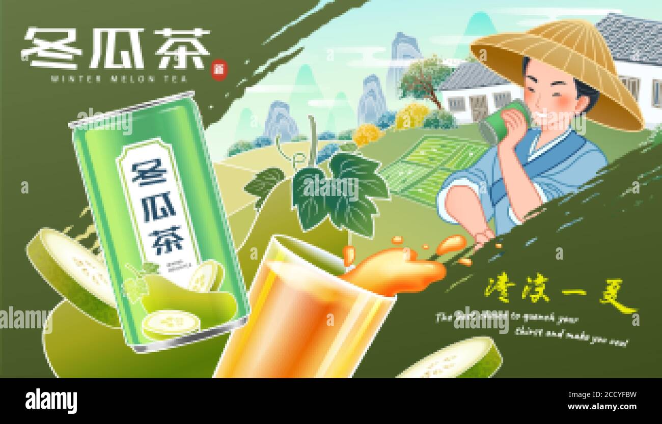 Annunci banner winter melon drink con frutta volante e lattina di alluminio, bevanda contadina in campo, traduzione cinese: Tè bianco zucca, un summ fresco Illustrazione Vettoriale