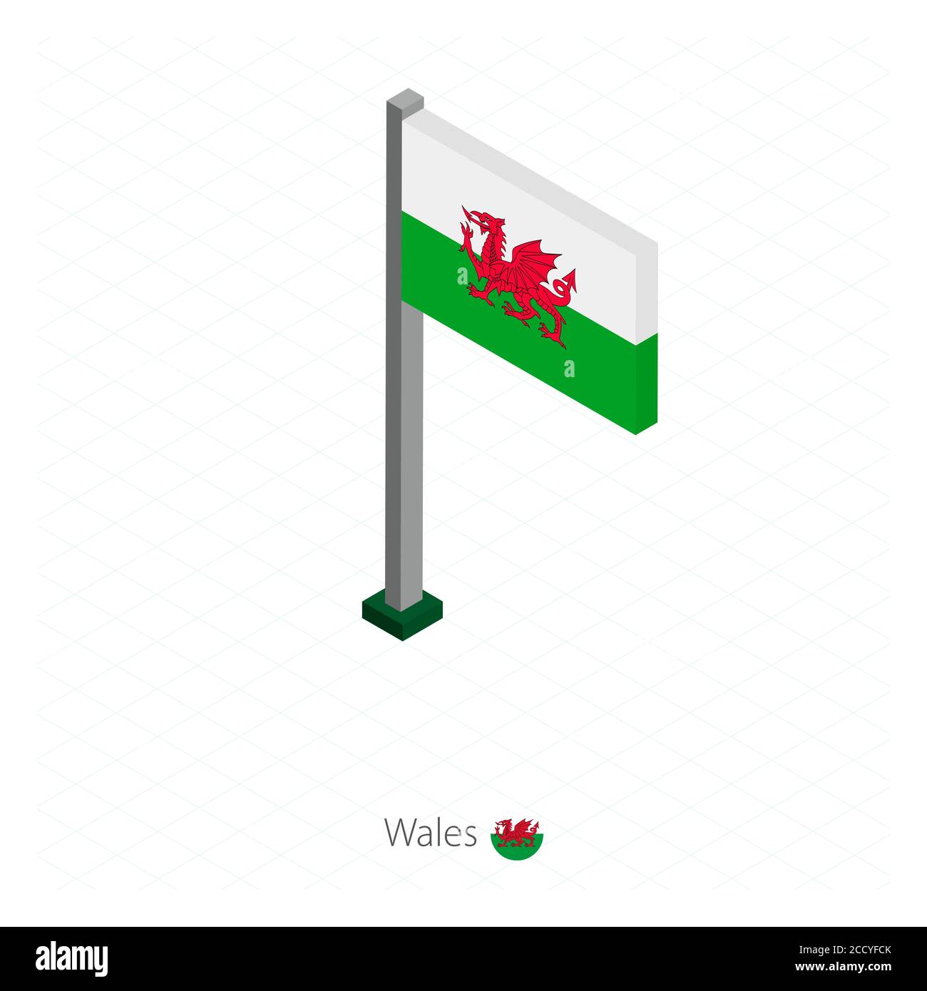 Bandiera del Galles sul flagpole in dimensione isometrica. Sfondo blu isometrico. Illustrazione vettoriale. Illustrazione Vettoriale