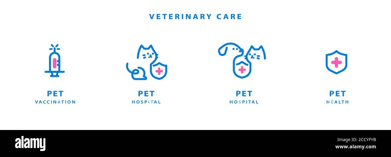 Etichette per la linea di assistenza sanitaria PET di colore blu con elementi per cane, gatto, scudo e siringa Illustrazione Vettoriale