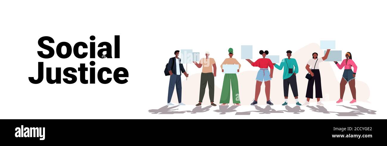 attivisti afro-americani che tengono fermo il razzismo manifesti di uguaglianza razziale sociale concetto di discriminazione basato su giustizia immagine vettoriale orizzontale a lunghezza intera Illustrazione Vettoriale