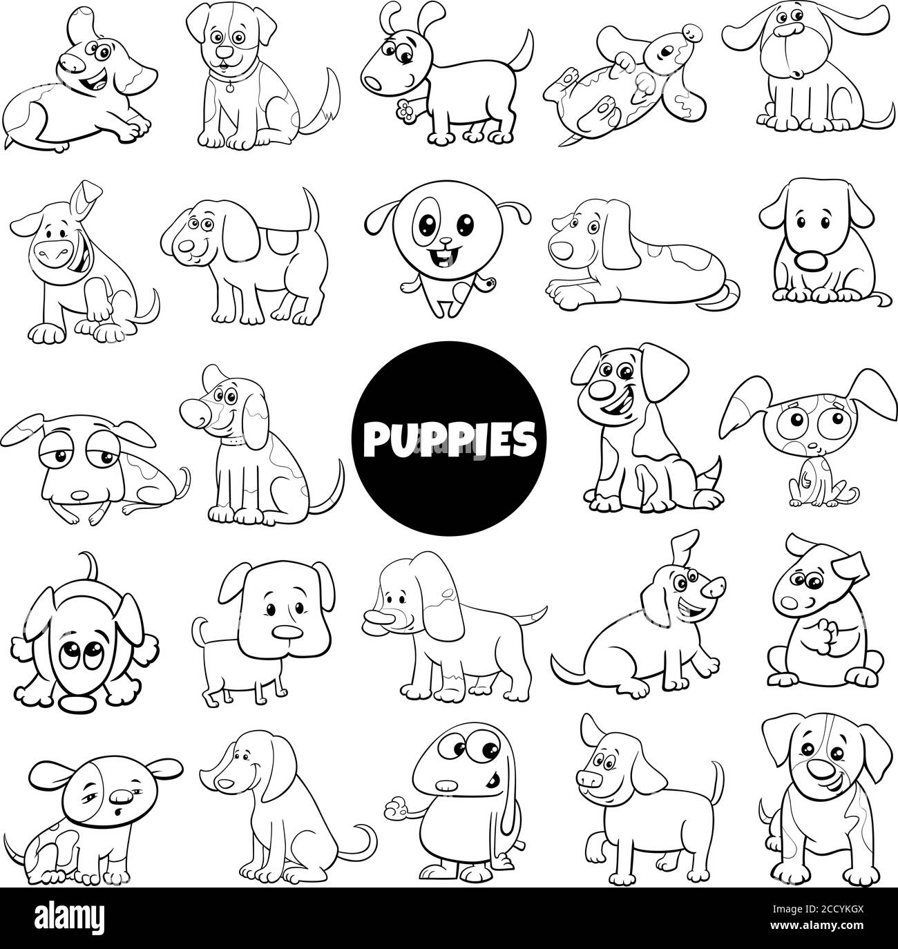 Cartoon bianco e nero Illustrazione di animale comico del cane del cucciolo Personaggi Set grande Illustrazione Vettoriale