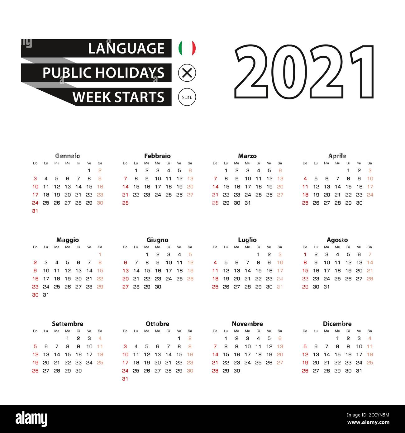 Calendario 2021 in lingua italiana, la settimana inizia dalla domenica. Illustrazione vettoriale. Illustrazione Vettoriale