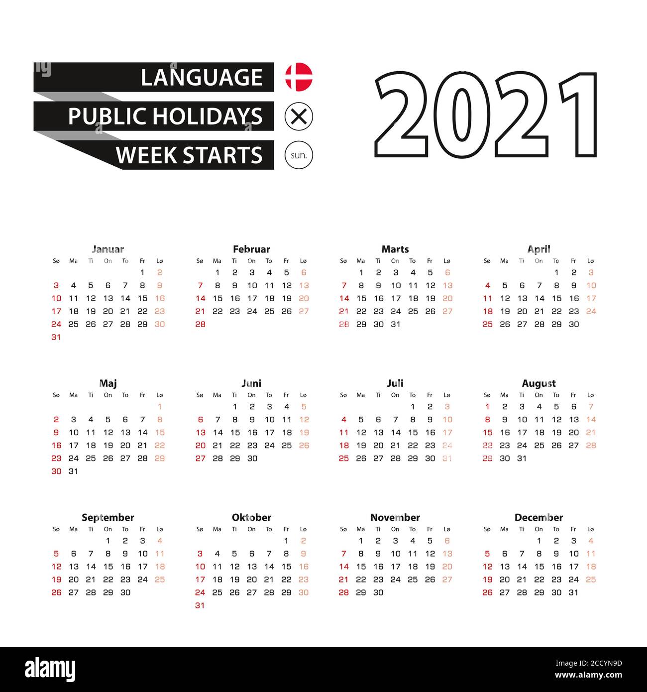 Calendario 2021 in lingua danese, la settimana inizia dalla domenica. Illustrazione vettoriale. Illustrazione Vettoriale