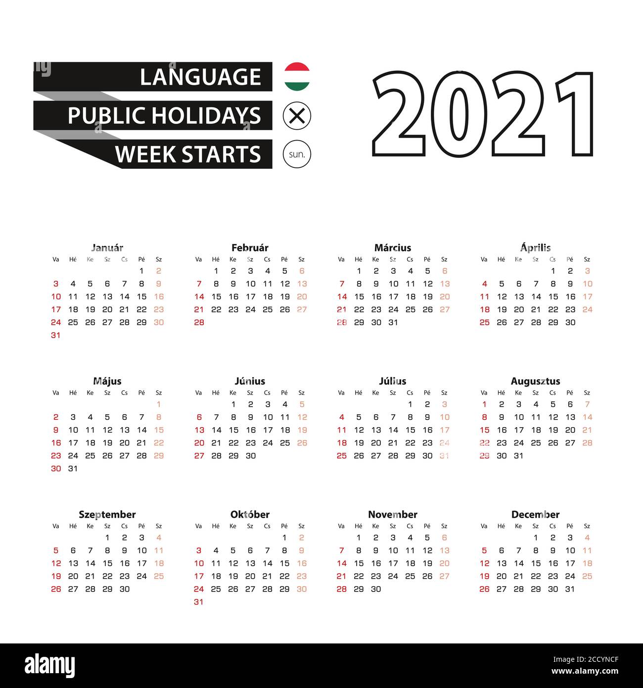 Calendario 2021 in lingua ungherese, la settimana inizia dalla domenica. Illustrazione vettoriale. Illustrazione Vettoriale