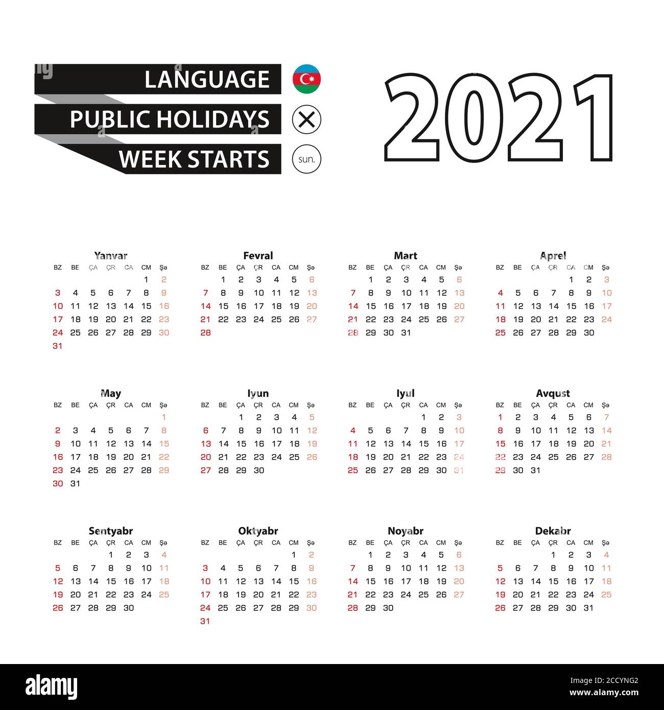 Calendario 2021 in lingua azerbaigiana, la settimana inizia dalla Domenica. Illustrazione vettoriale. Illustrazione Vettoriale