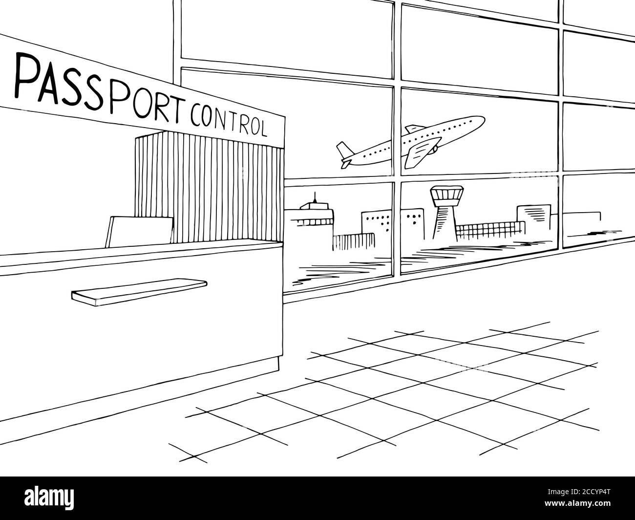 Grafica interna dell'aeroporto di controllo passaporti bianco nero illustrazione del vettore di schizzo Illustrazione Vettoriale