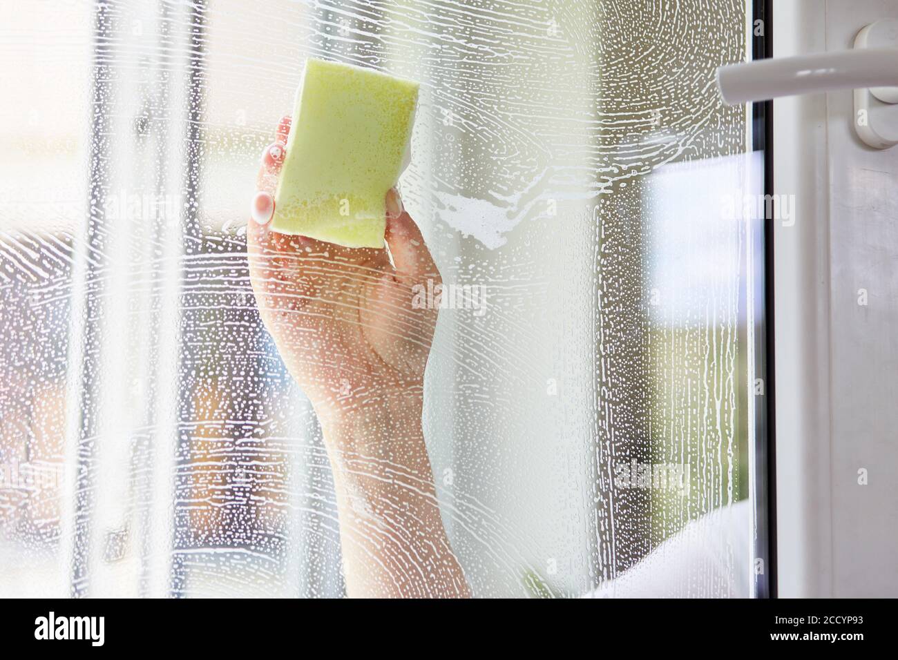 Mano del detergente per cristalli con spugna durante la pulizia dei finestrini durante pulizia della molla Foto Stock