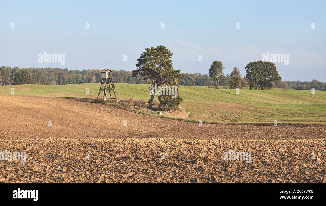 Tranquillo paesaggio rurale con la caccia cieca, retrò colore tonato immagine. Foto Stock