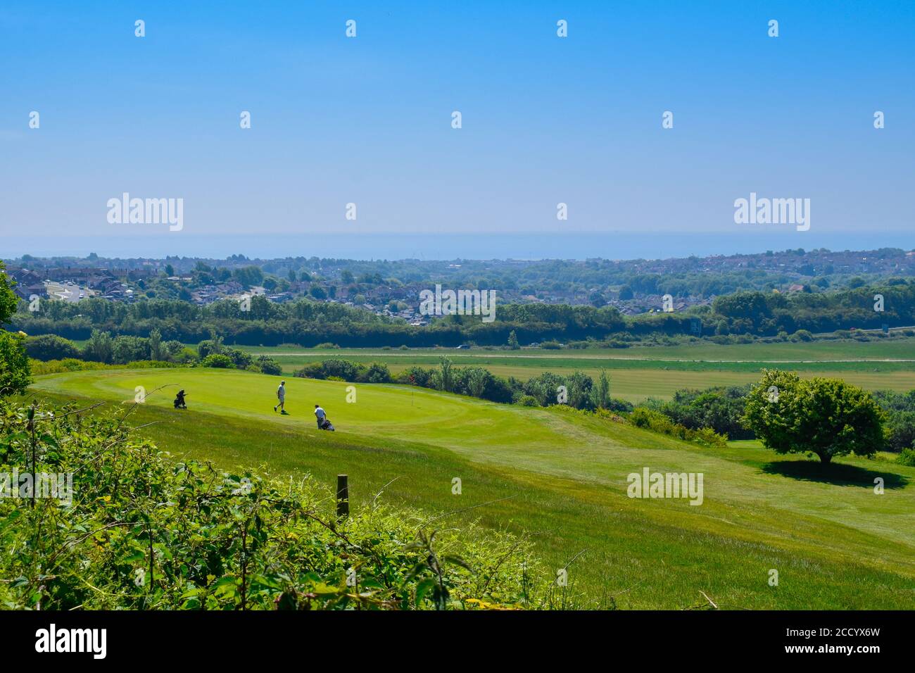 Campo da golf nella campagna inglese vicino a Brighton, Regno Unito Foto Stock