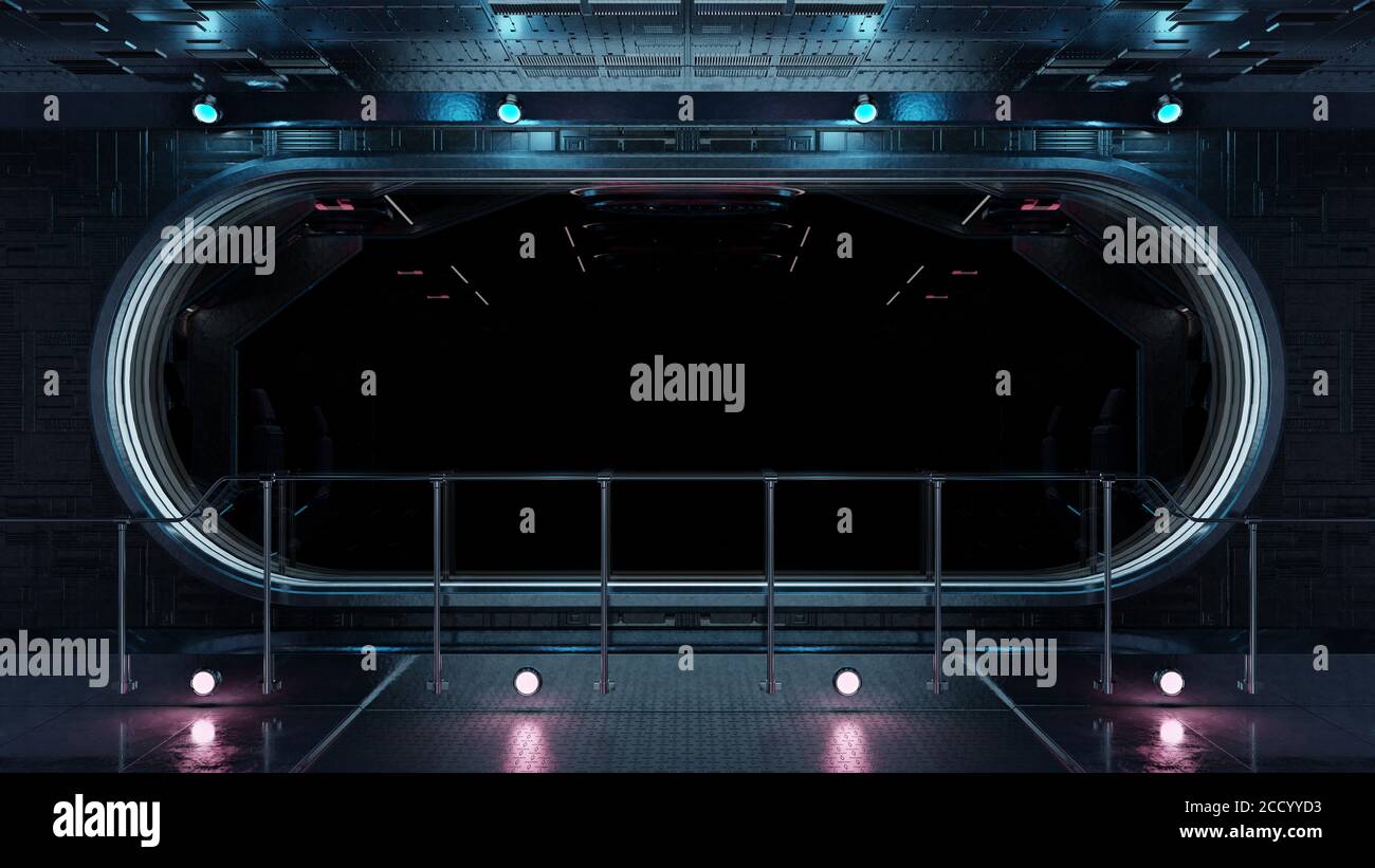 Interni con finestra rotonda Black TECH con sfondo nero 3D rendering Foto Stock