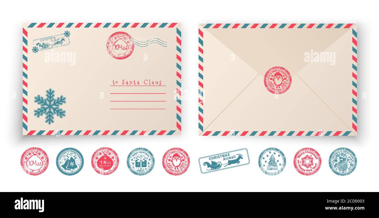 Francobolli di Natale e 2 lati della busta. Babbo Natale a lunghezza intera, albero di Natale, regalo, regalo, borsa e cervi con . Illustrazione Vettoriale