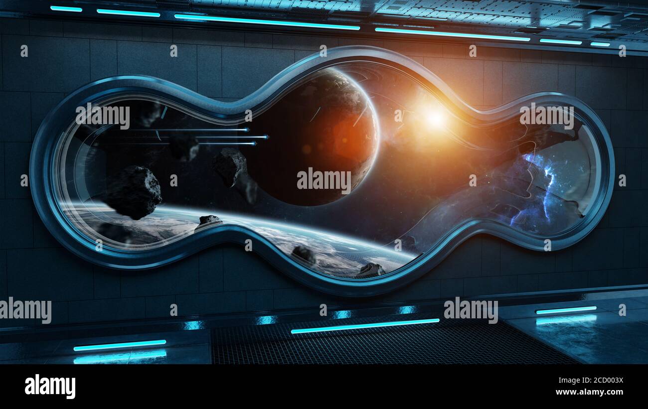 Interno della finestra rotonda della navicella spaziale Black TECH con vista in lontananza Sistema Planets elementi di rendering 3D di questa immagine forniti da NASA Foto Stock