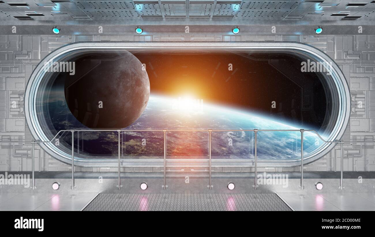 Interni con finestra rotonda e navicella spaziale White TECH con vista sul pianeta Elementi di rendering 3D terrestre di questa immagine forniti dalla NASA Foto Stock