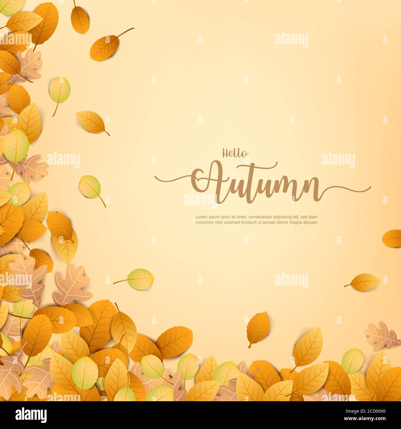 Retrogorund autunnale con foglie secche che cadono sullo sfondo, per elementi autunnali di design, illustrazione vettoriale Foto Stock