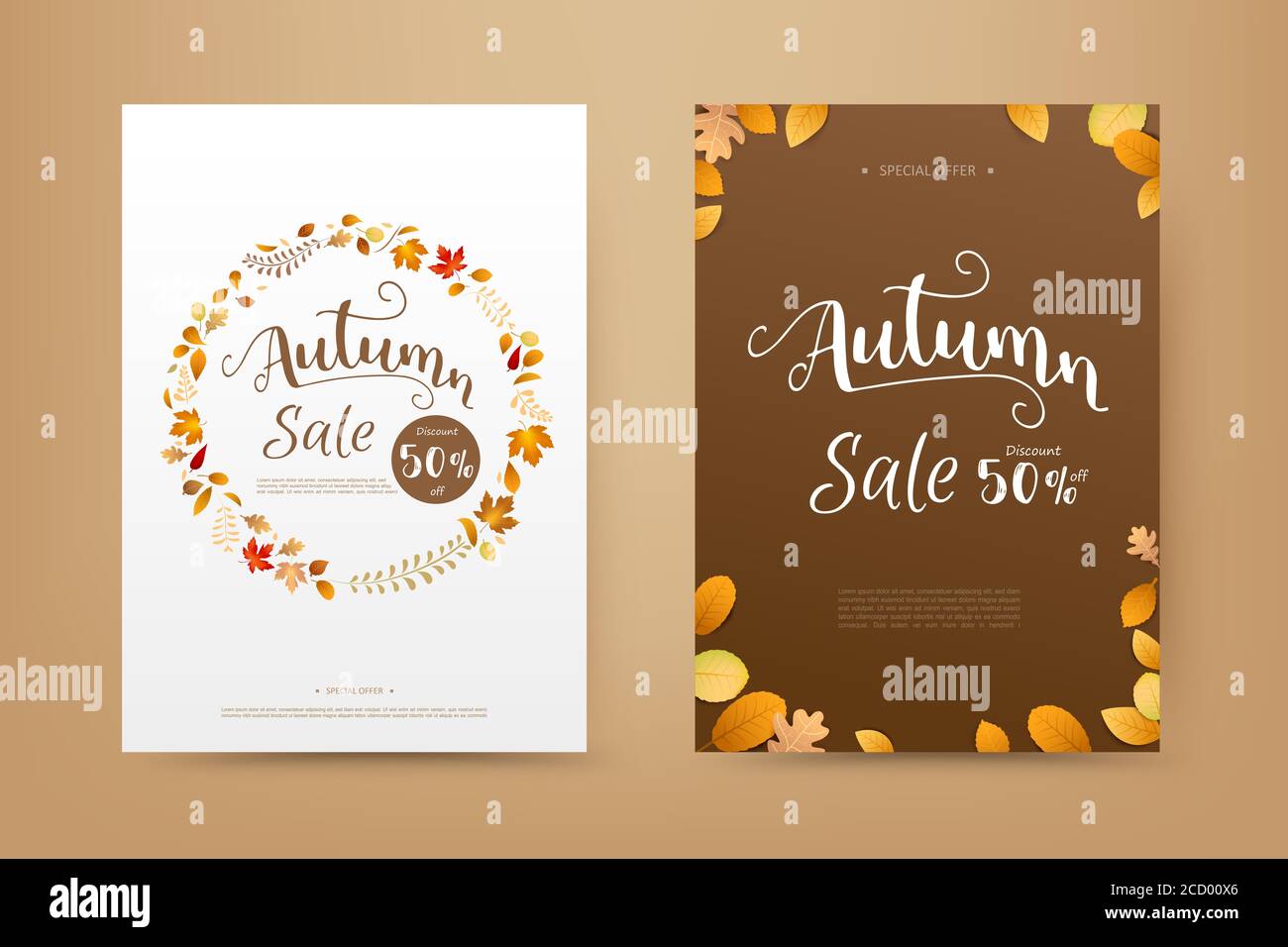 Autunnale vendita copertina per striscioni tag con foglia secca autunnale che cade su sfondo bianco, secca di foglia d'acero, per elemento autunnale design, illustrazione vettoriale Foto Stock
