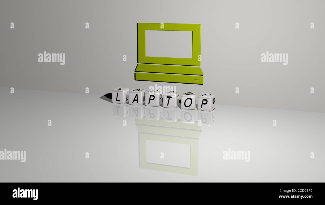 Testo DEL PORTATILE con lettere cubiche a dadi sul pavimento e icona 3D sulla parete, illustrazione 3D Foto Stock