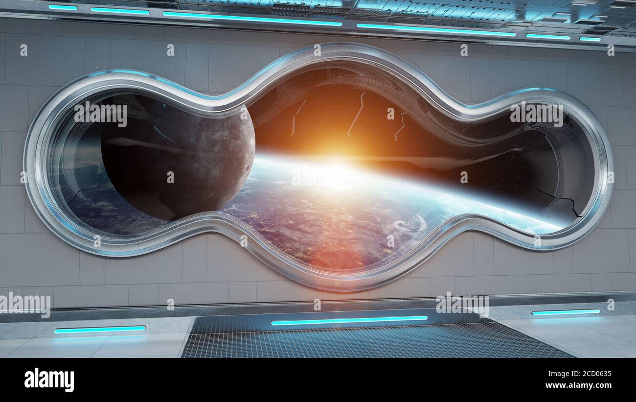 Interni con finestra rotonda e navicella spaziale White TECH con vista sul pianeta Elementi di rendering 3D terrestre di questa immagine forniti dalla NASA Foto Stock