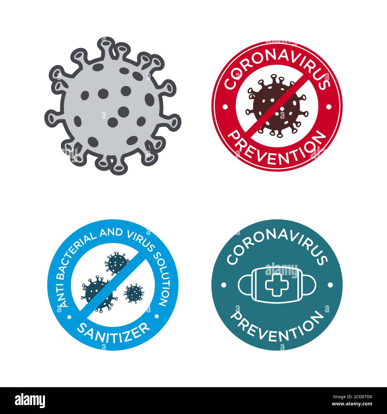Set di icone per la prevenzione del coronavirus. MERS-Cov (sindrome del coronavirus respiratorio del Medio Oriente), (2019-nCoV). Progettazione per la protezione contro una pandemia virale. Illustrazione Vettoriale