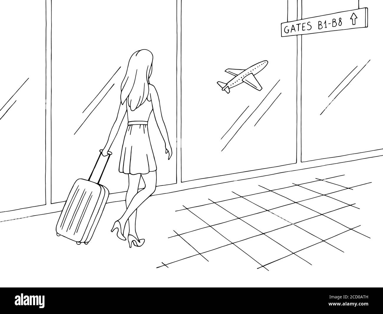 Grafico interno AirPort grafico bianco nero illustrazione dello schizzo vettore. La donna sta camminando con una valigia Illustrazione Vettoriale