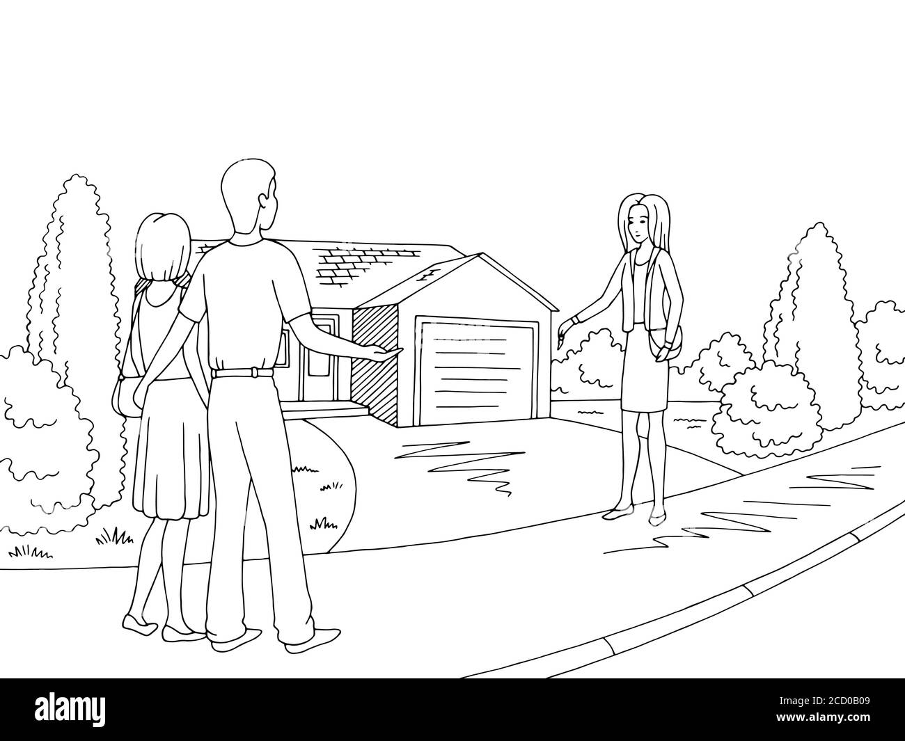 Immagine esterna dell'alloggiamento del vettore di illustrazione dello schizzo in bianco nero. Un realtor che dà la chiave alla famiglia Illustrazione Vettoriale