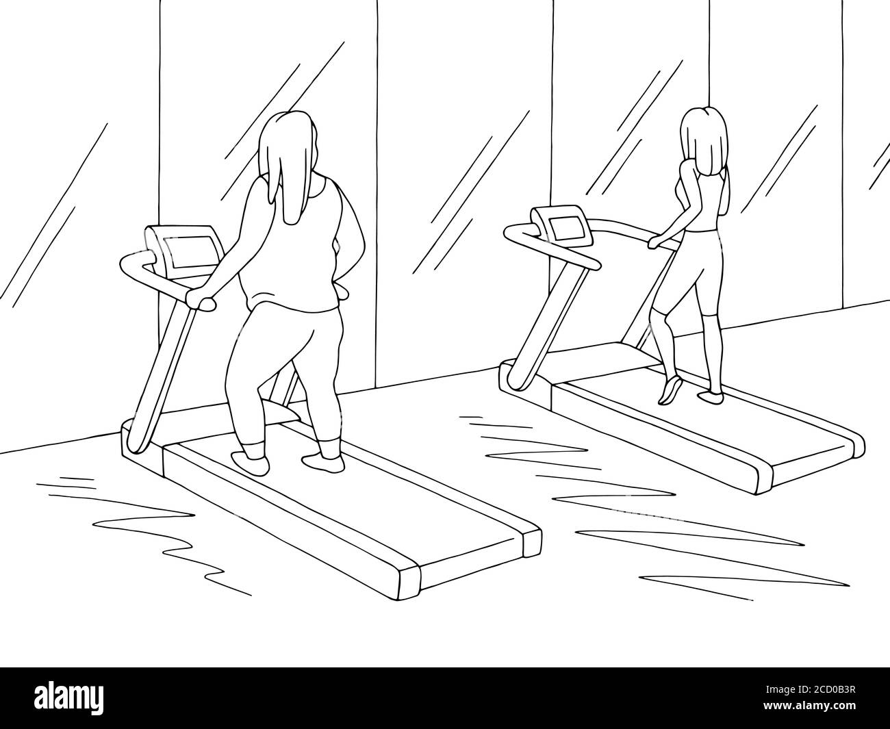 Gym interior grafico nero bianco illustrazione schizzo vettore. Le donne grasse e sottili sono workout su una pedana mobile Illustrazione Vettoriale