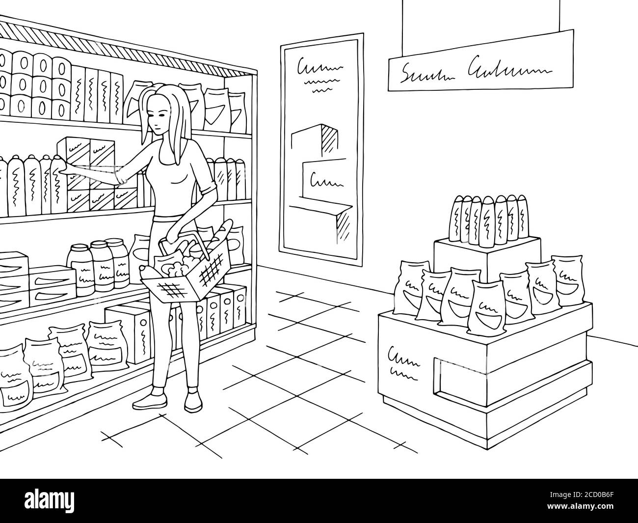 Negozio di alimentari interni nero bianco grafico disegno vettore illustrazione. Donna che acquista prodotti Illustrazione Vettoriale