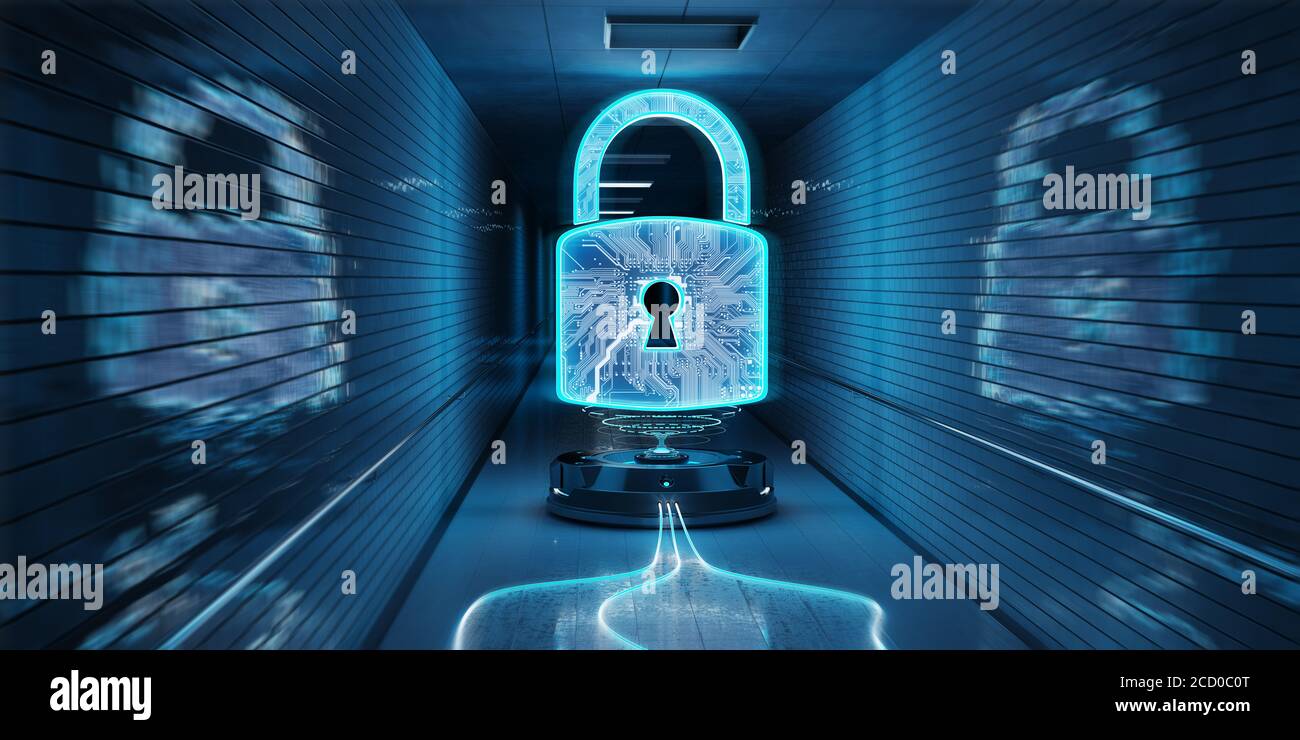 Ologramma di cyber sicurezza sotterraneo blu con rendering 3D con lucchetto digitale Foto Stock