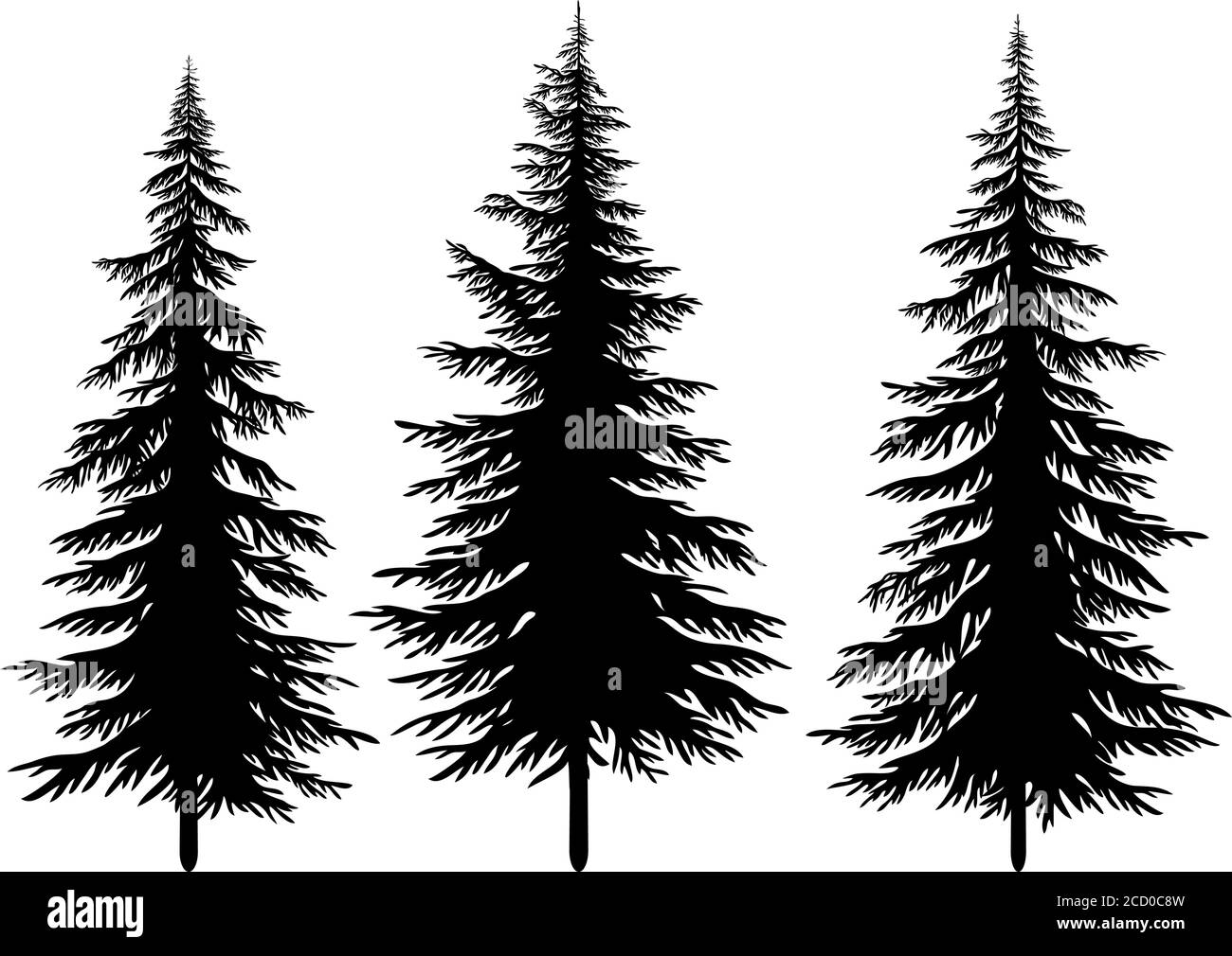 Set alberi di abete di Natale, Silhouette nere isolato su sfondo bianco. Vettore Illustrazione Vettoriale