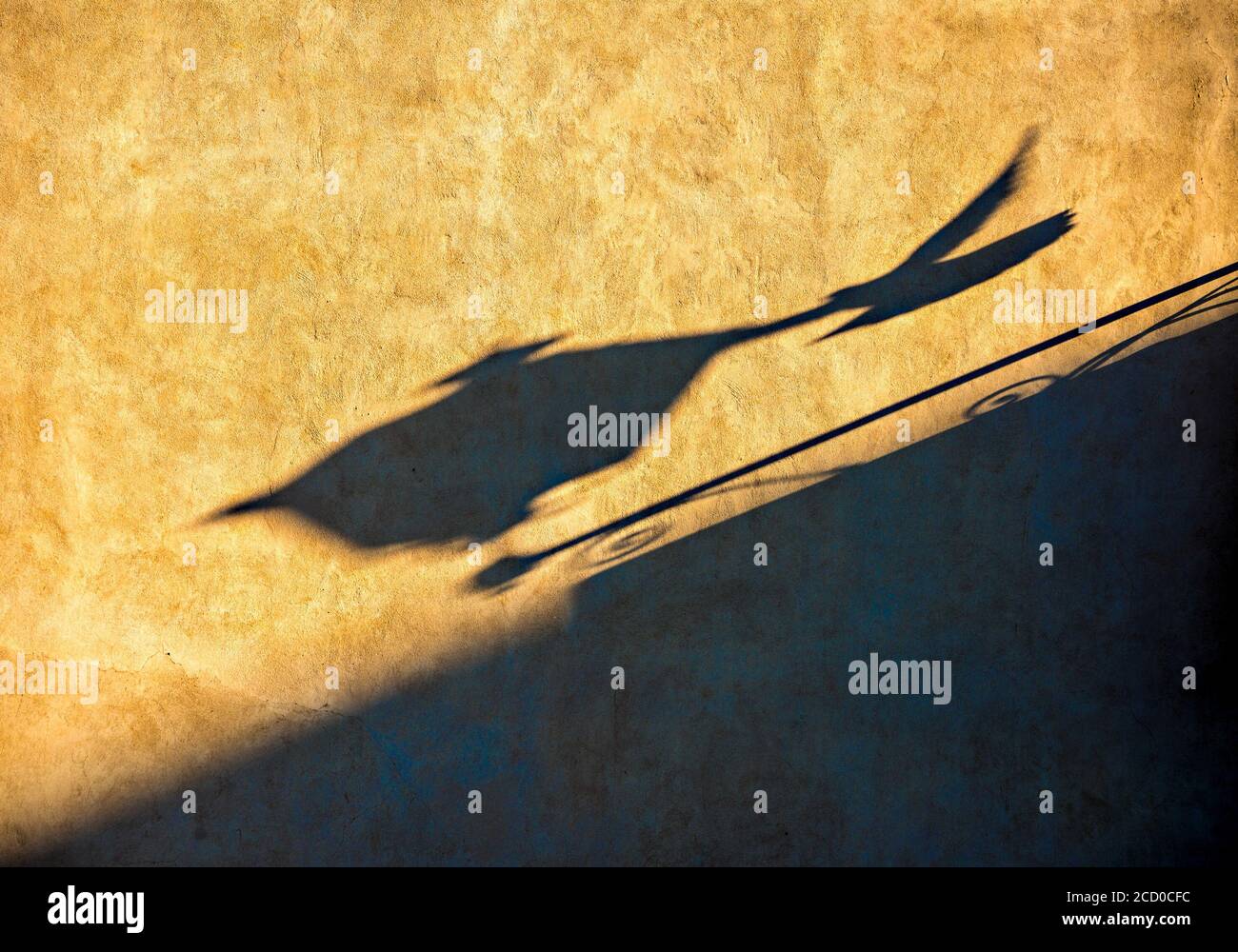 un'ombra di una colomba volante incontra l'ombra di Una lampada da strada su una parete gialla a Fiesole nelle vicinanze Firenze (Italia) Foto Stock