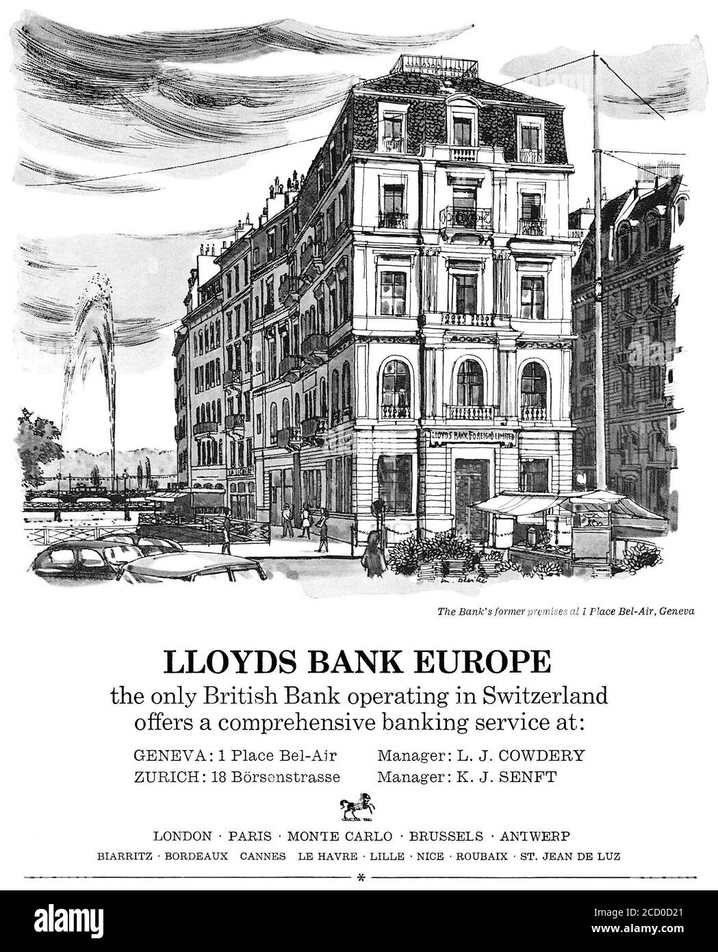 1964 pubblicità britannica per la Lloyds Bank, con un'illustrazione della loro filiale di Ginevra. Foto Stock