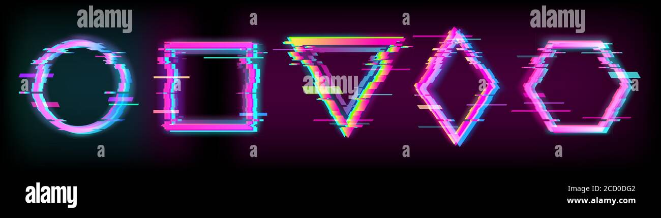 Colorato glitch forme geometriche, fotogrammi impostati con effetto neon Illustrazione Vettoriale
