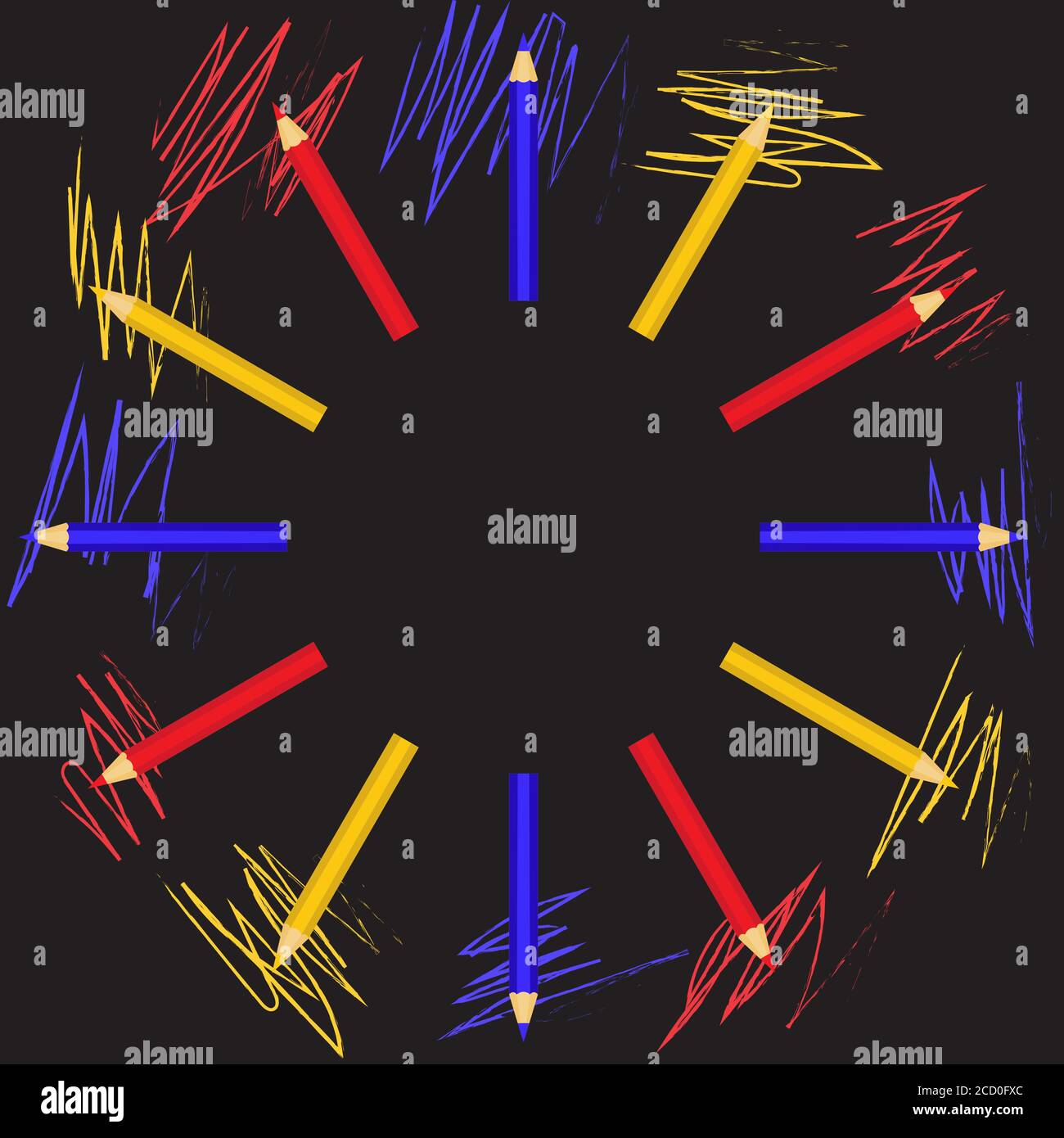 Sfondo astratto con matite colorate e doodle in stile piatto. Vettore EPS10. Illustrazione Vettoriale